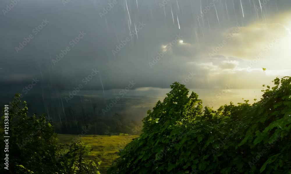 contrast of sunlight and rain over lush greens in vilnius outskirts