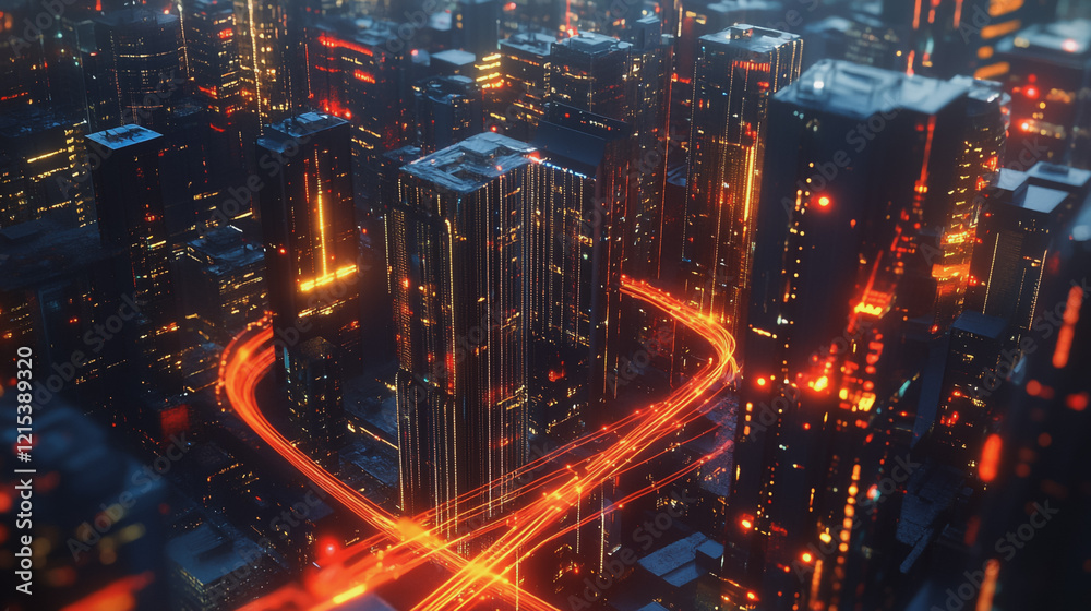 Obraz premium Smart digital Innovation city with connection network reciprocity over the twilight cityscape. of future smart wireless digital city and social media networking systems that connects people with city