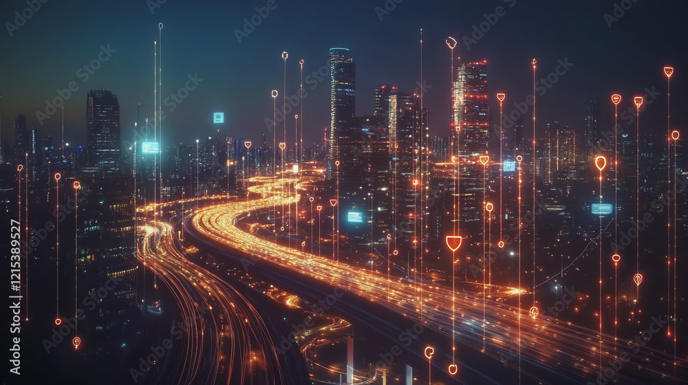 Fototapeta premium Smart digital Innovation city with connection network reciprocity over the twilight cityscape. of future smart wireless digital city and social media networking systems that connects people with city