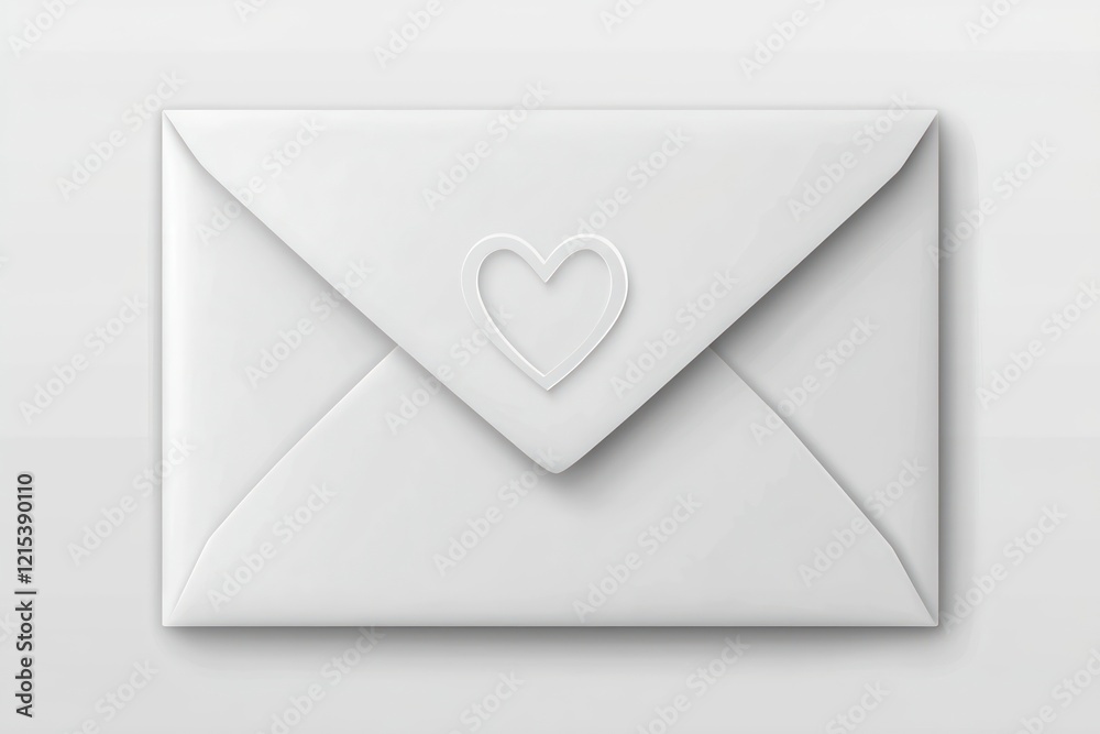 A minimalist white envelope with an elegant, embossed heart shape in the center of the flap, cutout on a transparent (PNG) background