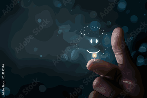 Businessman's Finger Drawing Smiley Face Emoticon on Dark Background, Representing Customer Satisfaction and Service Quality