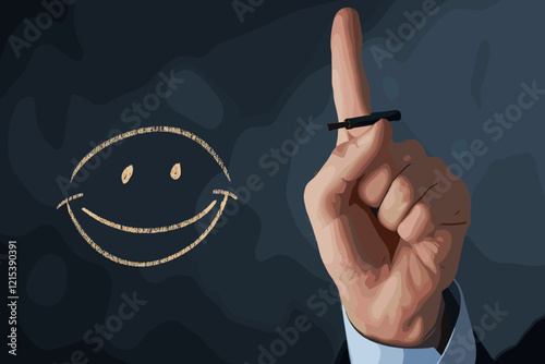 Businessman's Finger Drawing Smiley Face Emoticon on Dark Background, Representing Customer Satisfaction and Service Quality