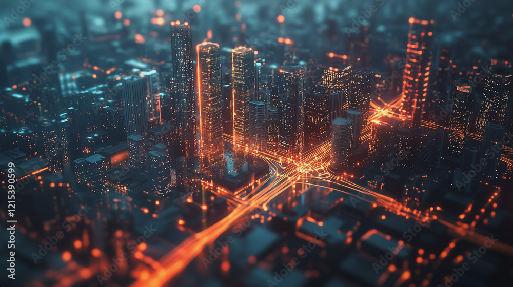 Obraz premium Smart digital Innovation city with connection network reciprocity over the twilight cityscape. of future smart wireless digital city and social media networking systems that connects people with city