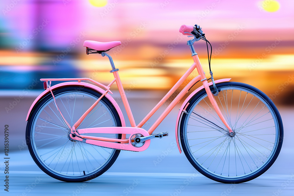 Fototapeta premium Bright pink bicycle stands still against a vibrant blurred city backdrop