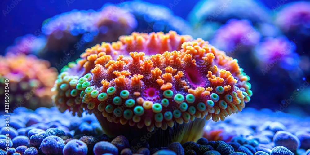 Obraz premium Coral polyp covered in dripping slime in a pool of water, aquatic environment, sea anemone, tropical coral reef