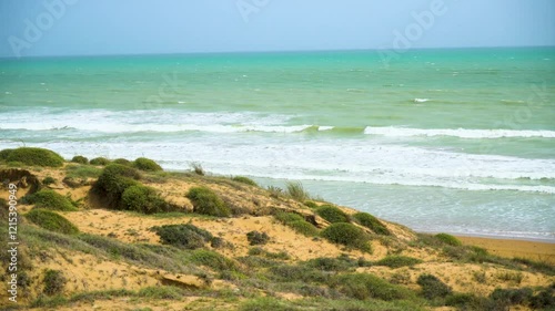 Static drone shot of the ocean with calm waves reaching the shore of a white sand beach on a tropical island of Pakistan during bright sunny day