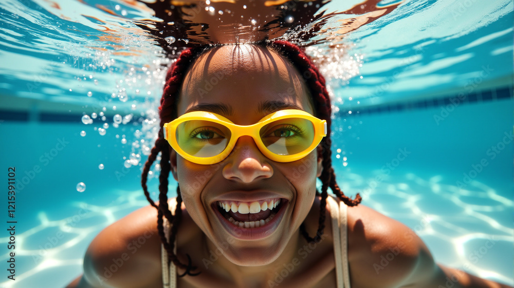 Fototapeta premium A young girl with braids in yellow goggles smiles underwater, enjoying a cool dip in the pool. Concept of water fun, wellness, and youthful activities for kids, family vacations, and summer fitness