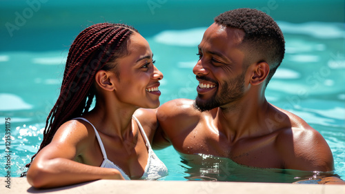 Two Black people in love enjoy a serene moment together in the pool, sharing smiles and making eye contact. Concept of romance, vacation bonding, and poolside relaxation for relationship, wellness