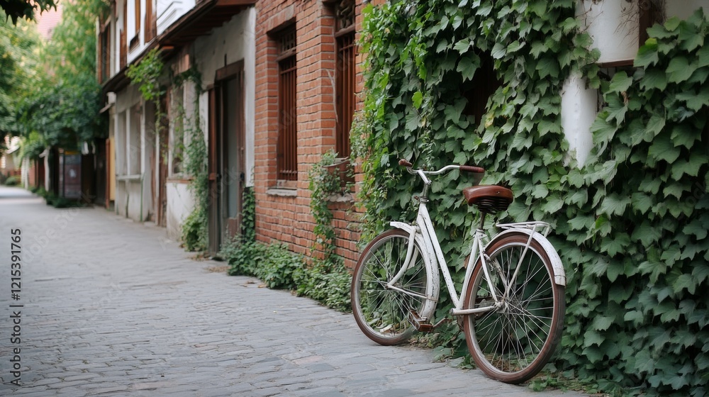 An old bicycle leans against a brick wall entangled with vibrant ivy on a quaint cobblestone street, exuding nostalgic charm.