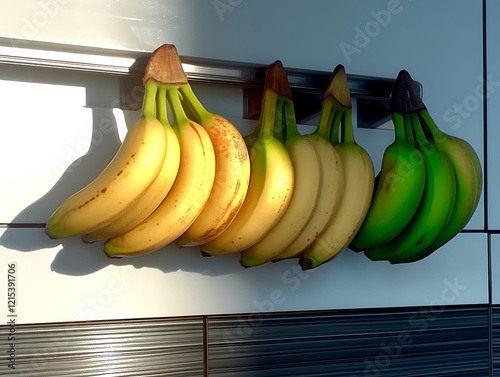 Sunlit bunches of yellow and green bananas hang from a sleek, modern kitchen rack.  A vibrant, healthy image ideal for food blogs, advertising, and kitchenthemed projects. photo