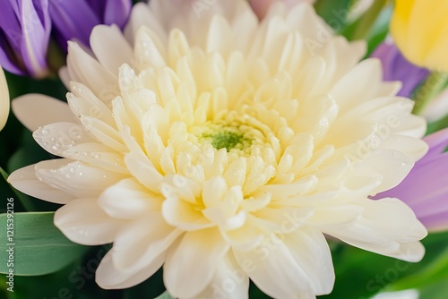 Close up of a dew kissed chrysanthemum amidst vibrant spring blooms photo