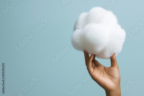 Soft cotton cloud held in a hand against a light blue background