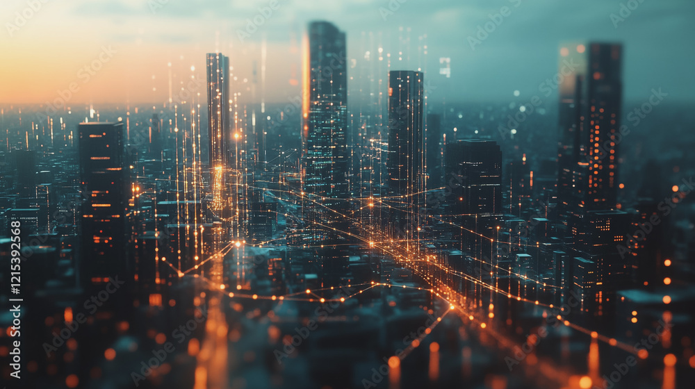 Fototapeta premium Smart digital Innovation city with connection network reciprocity over the twilight cityscape. of future smart wireless digital city and social media networking systems that connects people with city 
