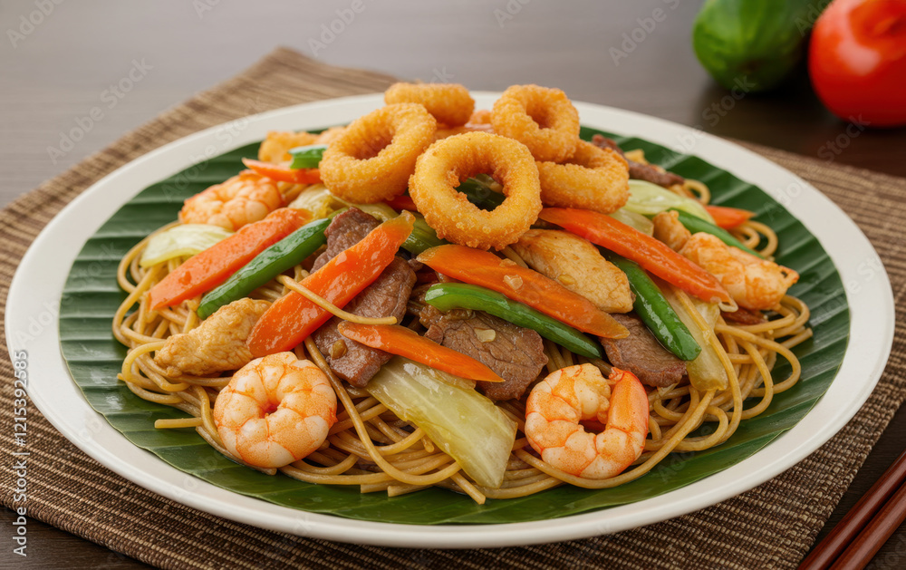 Pancit Filipino noodles, mix of colorful vegetables beef, pork, and shrimp, with sauce, Pancit Filipino noodles, mix of colorful vegetables beef, pork, and shrimp, with sauce,