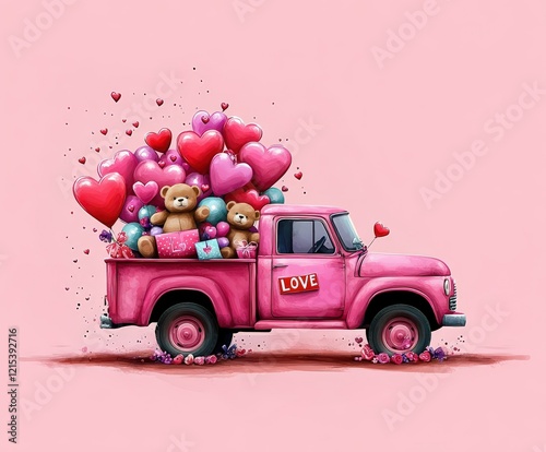 Vintage pink truck with heart balloons and teddy bears on valentine's day