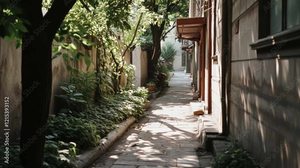 A narrow, sunlit alleyway winds through a charming, leafy neighborhood, evoking warmth, coziness, and the allure of exploration. A narrow, sunlit alleyway winds through a charming, leafy neighborhood, evoking warmth, coziness, and the allure of exploration.