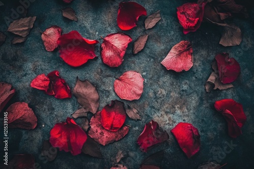 A captivating array of scattered red rose petals on a dark textured surface, creating a romantic and moody atmosphere, perfect for creative projects.