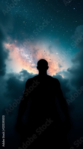 silhouette of person at night looking into space, Universe, cosmos. Meditation background, chakras, prana, the mind of God and spirituality