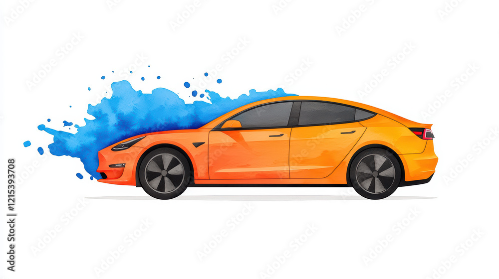Fototapeta premium vibrant orange car with splash of blue watercolor background