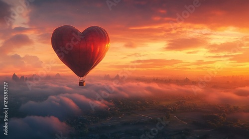 A heart shaped hot air balloon floats over a landscape with clouds during sunset