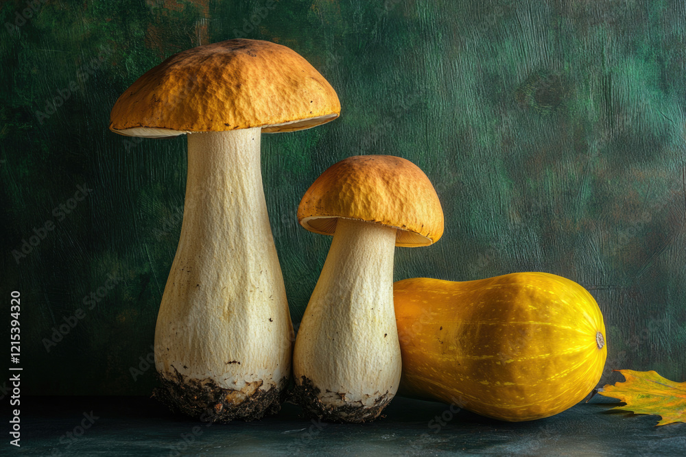 A whimsical composition featuring two tall mushrooms alongside a vibrant yellow pumpkin, showcasing the beauty of nature's forms and colors in an artistic setting. A whimsical composition featuring two tall mushrooms alongside a vibrant yellow pumpkin, showcasing the beauty of nature's forms and colors in an artistic setting.