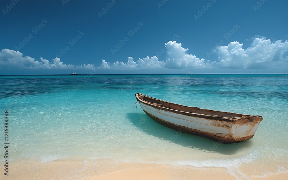 Tranquil beach scene with a weathered boat at shallow water. Tranquil beach scene with a weathered boat at shallow water.
