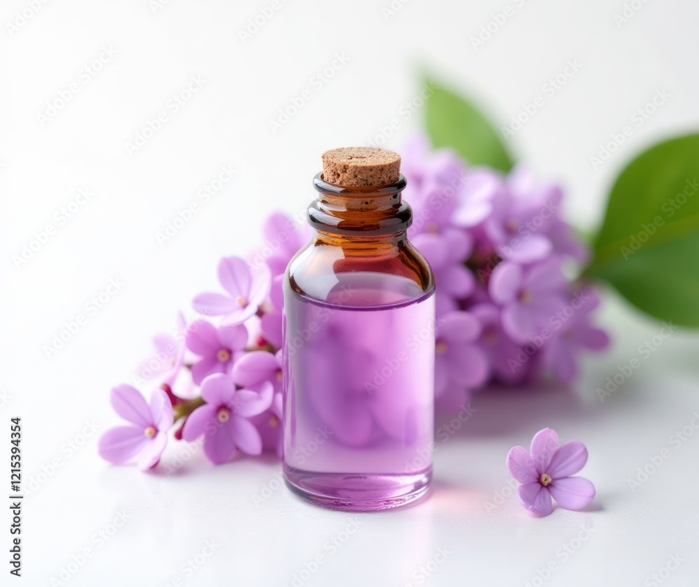 Essential Oil Bottle with Lilac Design. Ideal for use in aromatherapy, wellness, spa branding