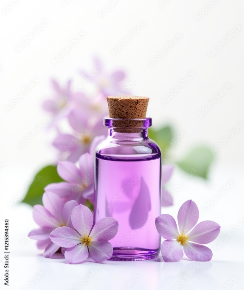 Essential Oil Bottle with Lilac Design. Ideal for use in aromatherapy, wellness, spa branding Essential Oil Bottle with Lilac Design. Ideal for use in aromatherapy, wellness, spa branding