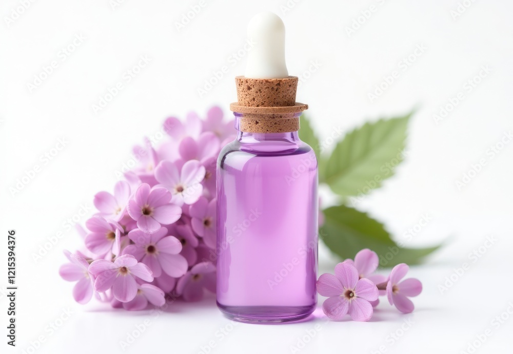 Essential Oil Bottle with Lilac Design. Ideal for use in aromatherapy, wellness, spa branding Essential Oil Bottle with Lilac Design. Ideal for use in aromatherapy, wellness, spa branding