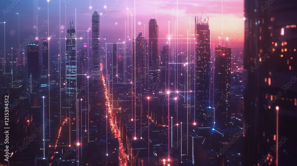 Smart digital Innovation city with connection network reciprocity over the twilight cityscape. of future smart wireless digital city and social media networking systems that connects people with city
