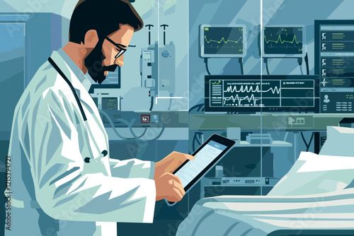 Cardiologist Analyzing Patient Data on Tablet in Hospital Setting