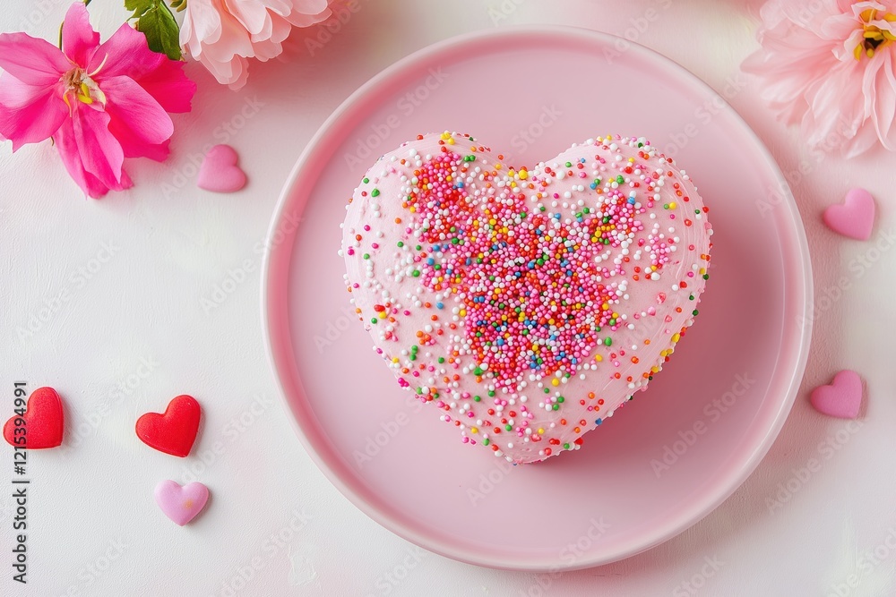 A delightful heart-shaped cake covered in pink frosting and colorful sprinkles, served on a pink plate with romantic decor. . A delightful heart-shaped cake covered in pink frosting and colorful sprinkles, served on a pink plate with romantic decor. .