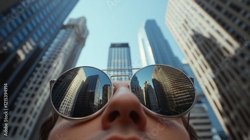 Skyscrapers rise dramatically in the reflection of sunglasses, juxtaposing urban landscape with human perspective below. photo