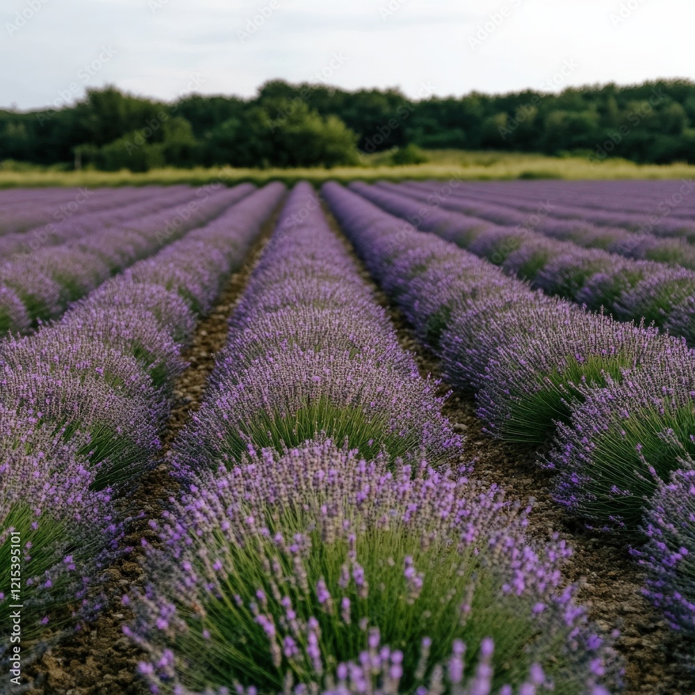 Naklejka premium Expansive lavender field in bloom under clear sky