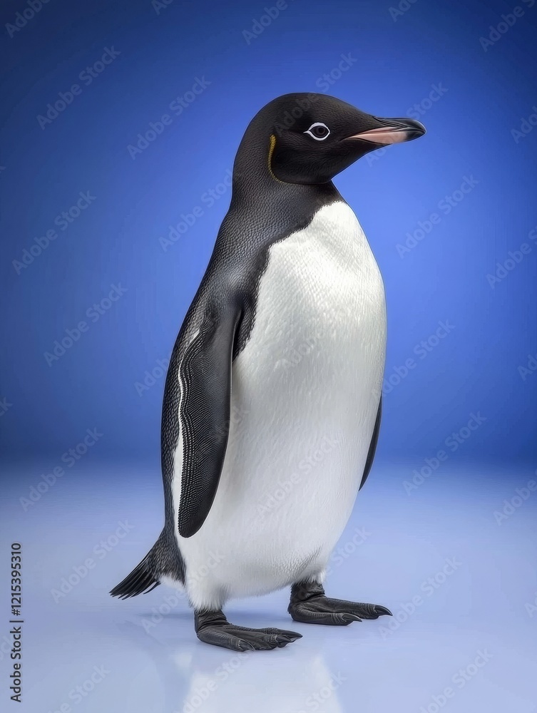 Obraz premium Emperor Penguin Portrait - A majestic emperor penguin stands against a vibrant blue backdrop, symbolizing Antarctic wilderness, resilience, adaptation, elegance, and the beauty of nature.
