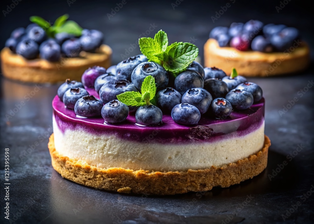 No-Bake Blueberry Cheesecake on Dark Background: Delicious Dessert Photography No-Bake Blueberry Cheesecake on Dark Background: Delicious Dessert Photography