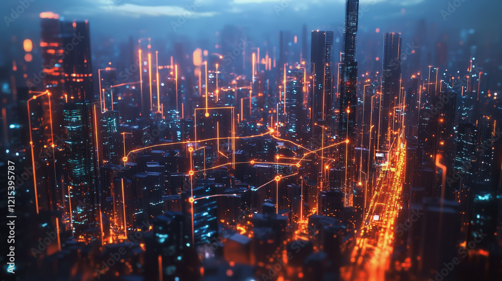 Fototapeta premium Smart digital Innovation city with connection network reciprocity over the twilight cityscape. of future smart wireless digital city and social media networking systems that connects people with city 