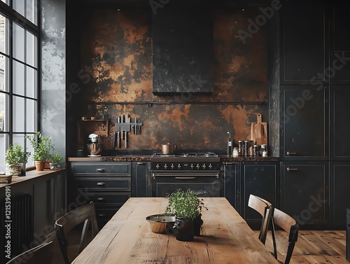 Warm and welcoming kitchen with wood table and dark elegant wall