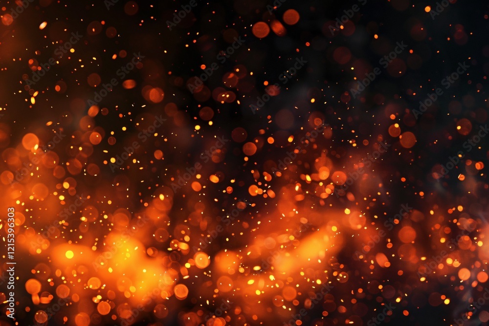 Abstract background of burning hot sparks rising from large fire in the dark night sky Abstract background of burning hot sparks rising from large fire in the dark night sky