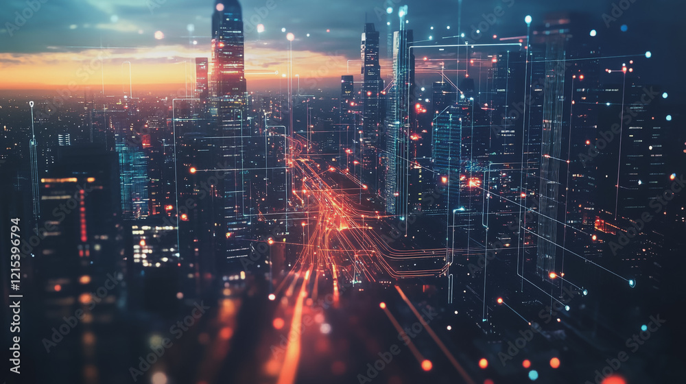 Smart digital Innovation city with connection network reciprocity over the twilight cityscape. of future smart wireless digital city and social media networking systems that connects people with city
Smart digital Innovation city with connection network reciprocity over the twilight cityscape. of future smart wireless digital city and social media networking systems that connects people with city