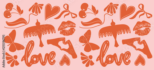 Motif symboles Saint Valentin rouge coeur main oiseau ruban love fleur vecteur 