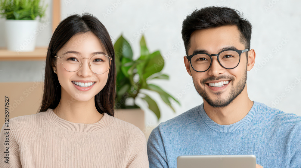 Smiling couple with glasses, sitting tog er in cozy setting Smiling couple with glasses, sitting tog er in cozy setting