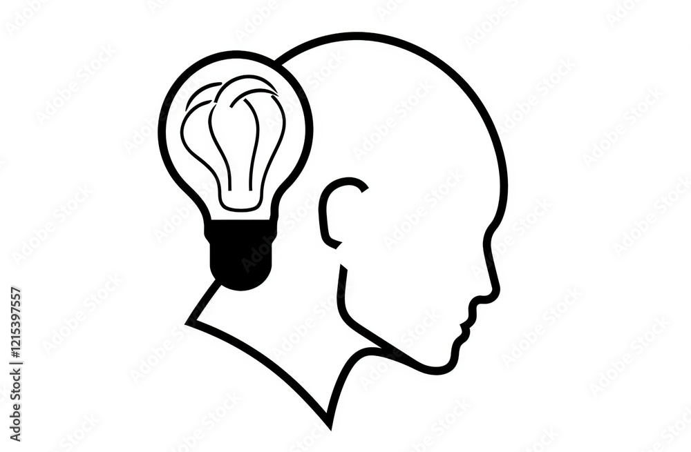 A one-line drawing style illustration of a man's head with a light bulb inside his brain, set against a white background. A one-line drawing style illustration of a man's head with a light bulb inside his brain, set against a white background.