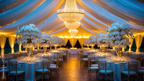 Elegant Event Space with Orchids and Chandeliers