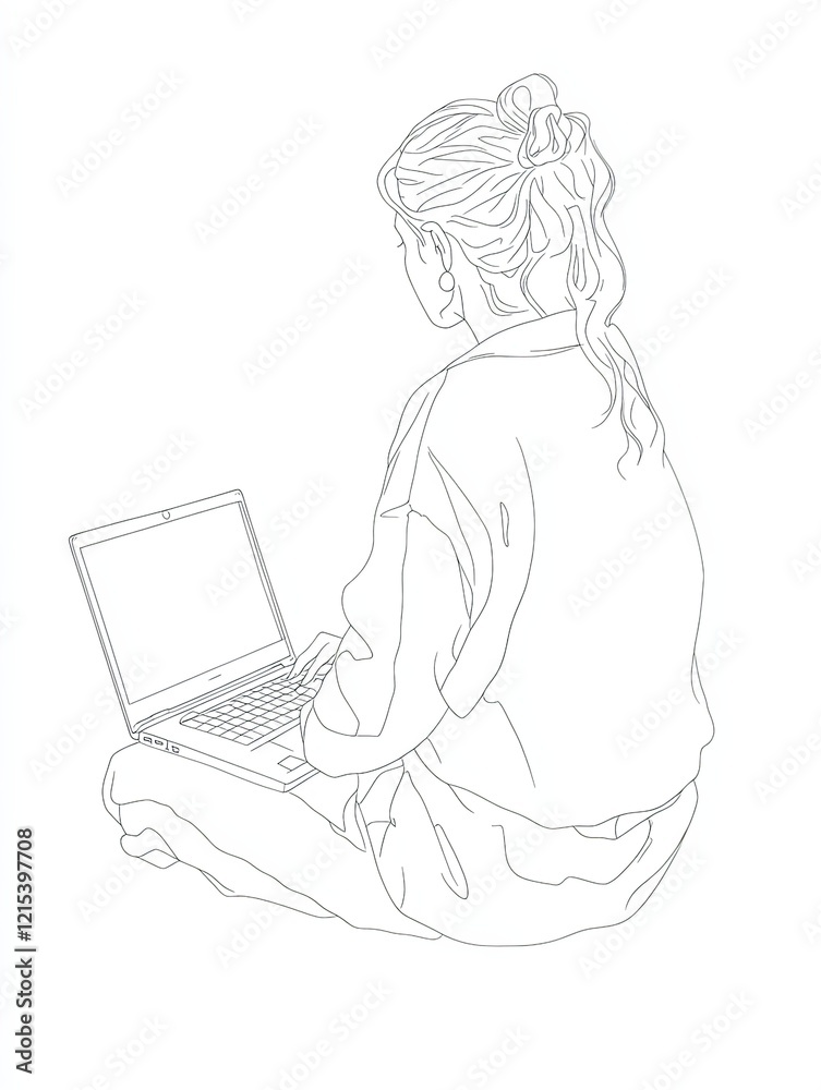 Naklejka premium A one-line drawing style illustration of a woman sitting on the floor with a laptop in front of her, holding it in her hand.