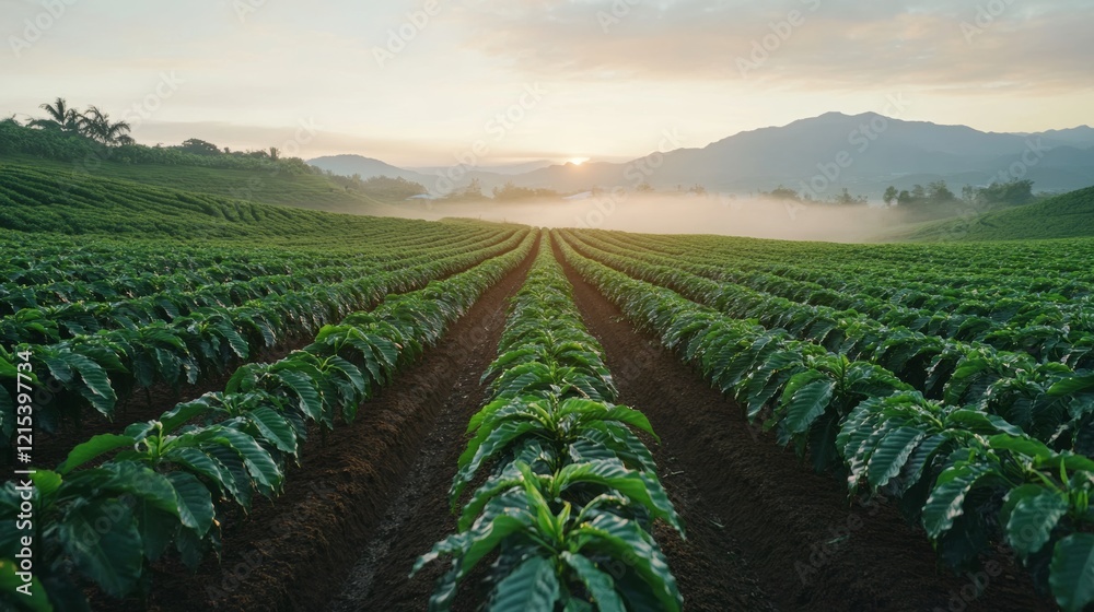 Fototapeta premium Endless rows of crops under a misty dawn stretch towards majestic mountains, merging nature's bounty with tranquil beginnings.