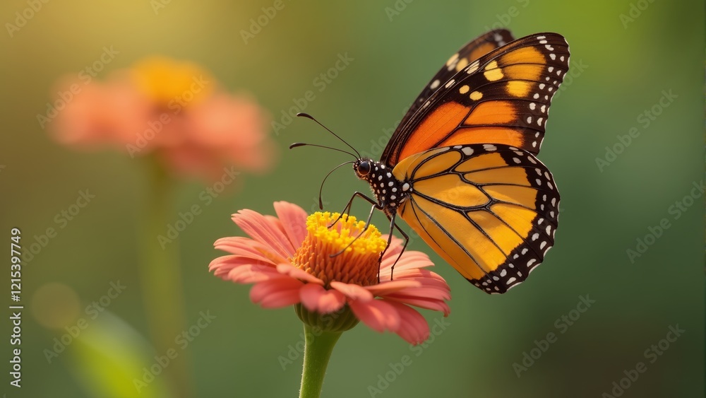 Monarch butterfly delicately rests on vibrant orange flower in a sunlit garden