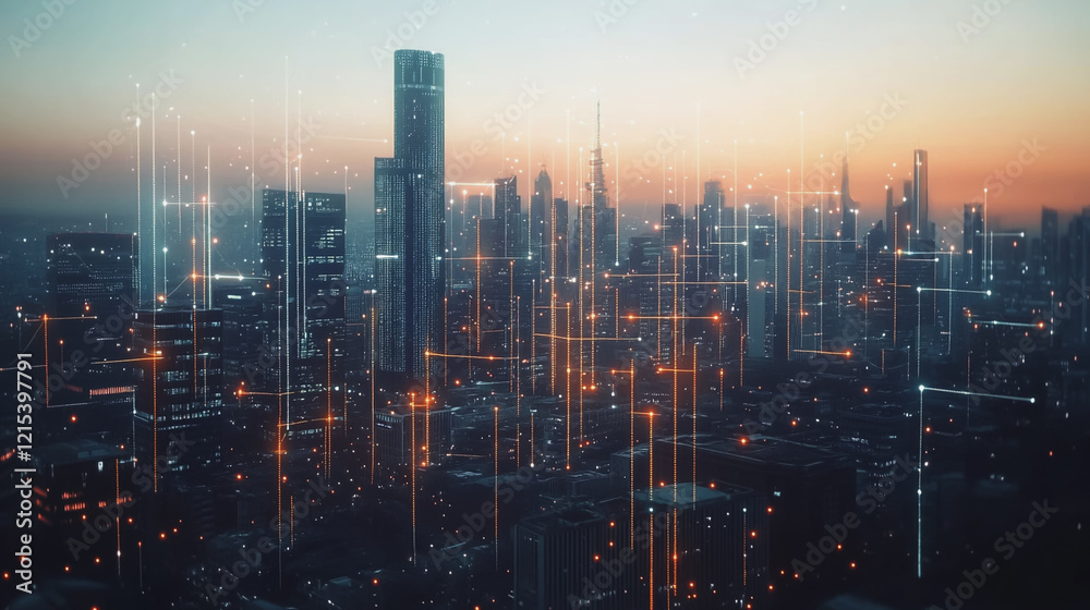 Fototapeta premium Smart digital Innovation city with connection network reciprocity over the twilight cityscape. of future smart wireless digital city and social media networking systems that connects people with city 