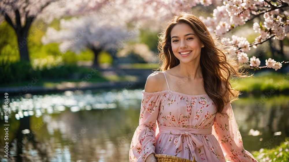 Young woman in pastel pink floral attire smiles joyfully near a tranquil pond surrounded by blooming cherry blossom trees on a sunny afternoon Young woman in pastel pink floral attire smiles joyfully near a tranquil pond surrounded by blooming cherry blossom trees on a sunny afternoon