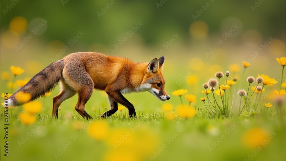 Obraz premium Fox explores a vibrant field of wildflowers under the warm sun in springtime